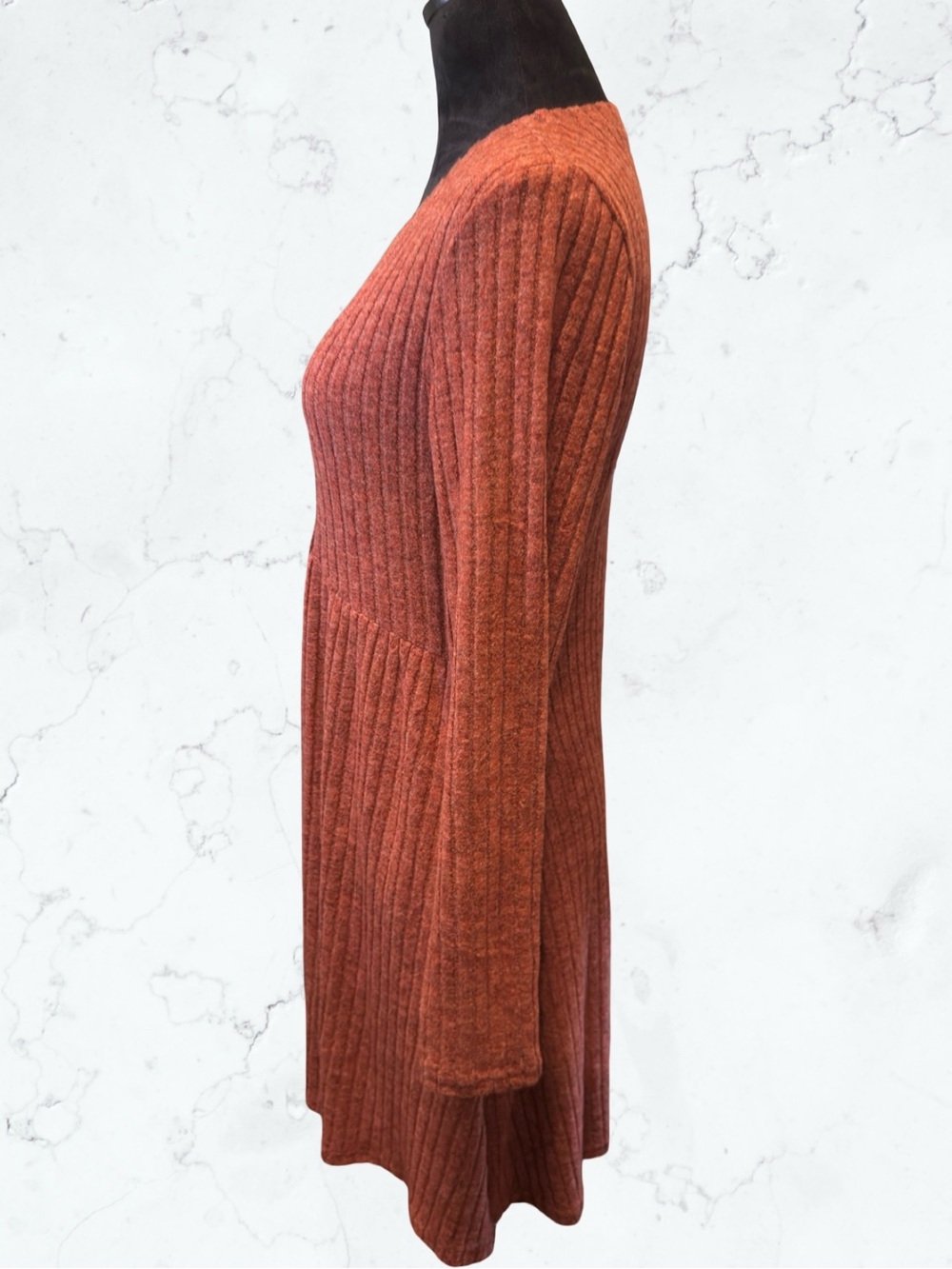 OFEEFAN Ribbed Knit Long Sleeve Tunic Dress Boho Casual Pockets Empire Waist M - Picture 4 of 13